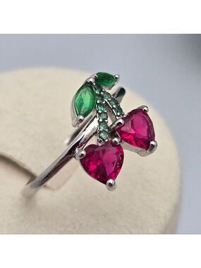 Cherry Ring Ruby Red Heart Stone Statement Ring Size 6 Cute Silver Tone
